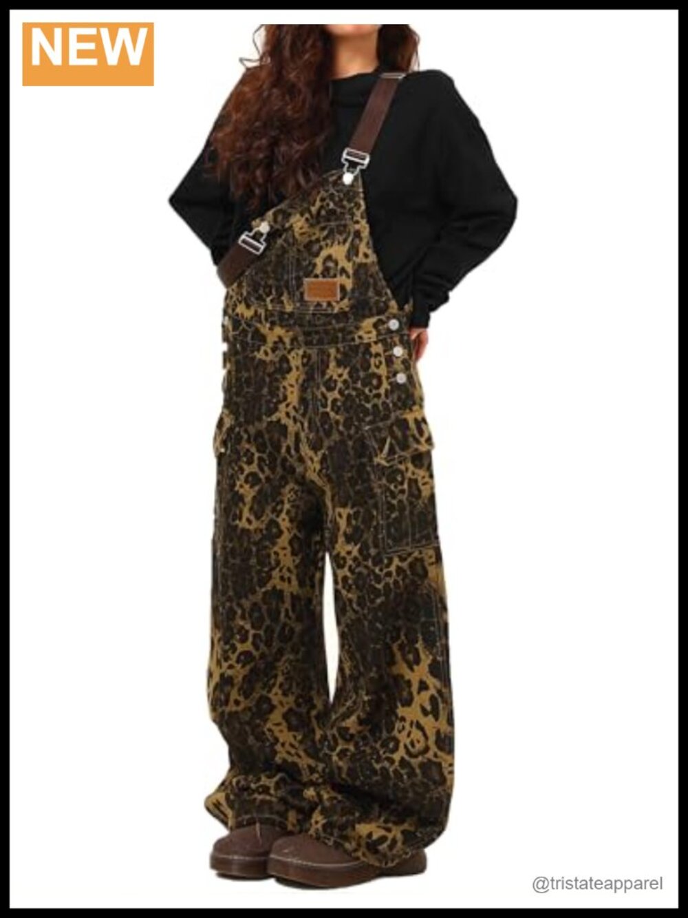 Women's Leopard Print Overalls Wide Leg Denim Jumpsuit Loose Fit